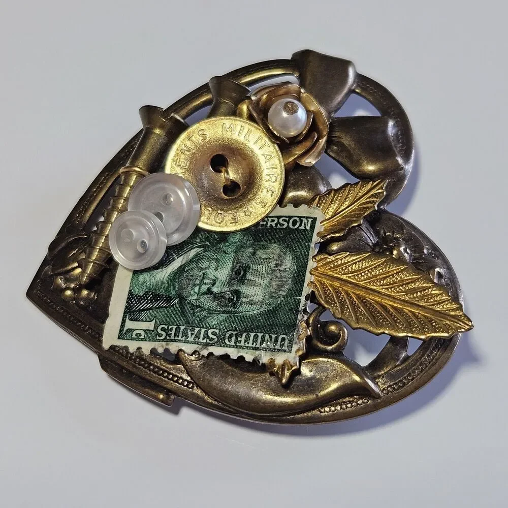 Ooak Vintage Heart Tramp Art Folk Art Brooch Pin Unique Eclectic